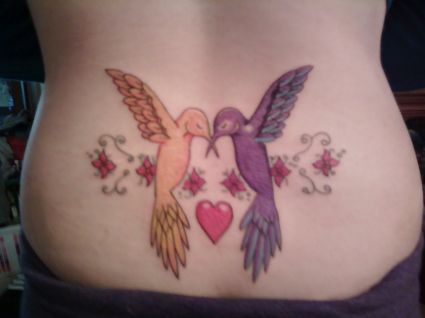 Hummingbird And Heart Pic Tattoo On Back